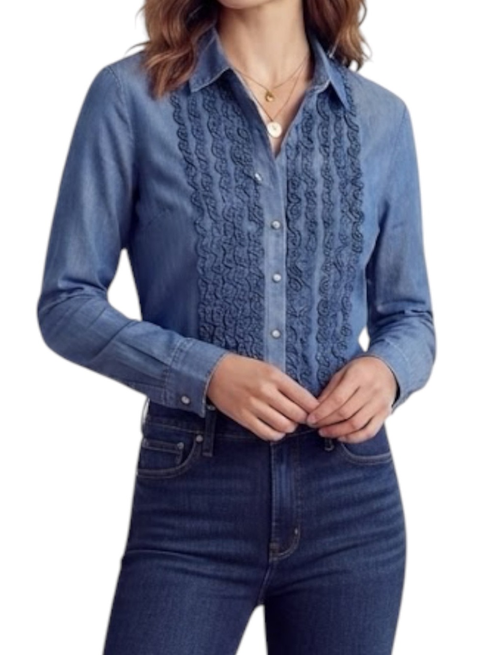 PANHANDLE Slim Western Festival Chambray Denim Ruffle Shirt Size L